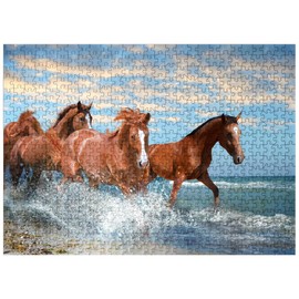 Beautiful Horses Running Through The Sea On A Beach - Premium 500 Piece Jigsaw Puzzle for Adults