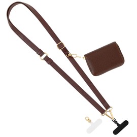 MoKo Clip and Go Strap Phone Lanyard, Leather Cell Phone Strap with Zippered Wallet Pouch, Adjustable & Detachable Universal Crossbody Phone Lanyard Compatible with Most Smartphones, Dark Brown