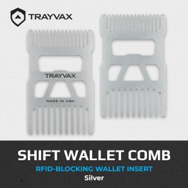Trayvax Shift Wallet Comb, Wide Tooth Comb for Beard and Hair with Bottle Opener, RFID Protection, Stainless Steel, Silver