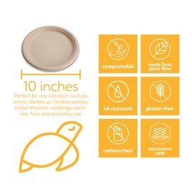 100% Compostable Disposable Paper Plates Bulk [10" 125 Pack], Bamboo Plates, Eco Friendly, Biodegradable, Sturdy Large Dinner Party Plates, Heavy-Duty, Unbleached by Earth's Natural Alternative