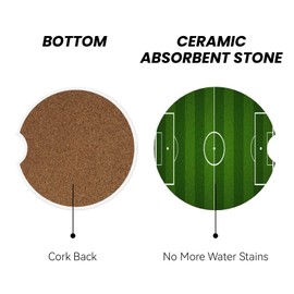 Green Soccer Field Football Car Coasters for Cup Holder, 2 Pack Absorbent Ceramic Car Coaster with Finger Notch & Cork Base