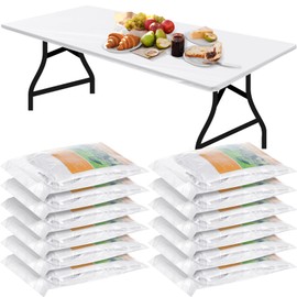 Boao 12 Pcs Plastic Table Cloths Disposable for Parties Picnic Table Covers with Elastic Fitted Elastic Table Cover Rectangle Waterproof for Indoor, Outdoor, Picnic, Camping (White,6 Ft, 72 x 30 Inch)