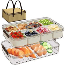 Snack Box Containers, Divided Serving Snack Tray with Lid - Double layered Stackable Snackle Platters with Bag, 8 Compartment for Snacks, Candy, Fruits, Nuts, Veggie for Fridge, Gray Large Organizer. - Color: White - 8 Compartments