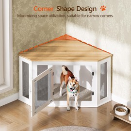 MAHANCRIS Corner Dog Crate Furniture, Wooden Dog Kennel End Table, Decorative Pet Crate Indoor Use, Furniture Style Dog House for Small Medium Dog, Dog Cage TV Stand, White and Natural DCBN0801