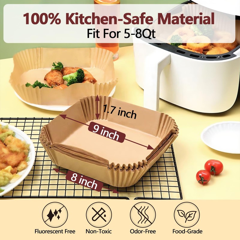 9 Inch Air Fryer Liners Disposable-125PCS Square Parchment Paper Liners,Heat