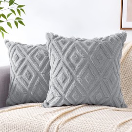 Pallene Soft Faux Fur Throw Pillow Covers 22x22 - Plush Short Wool Velvet Decorative Pillow Covers - Couch Sofa Pillow Covers for Living Room - with 3D Diamond Pattern - Set of 2 - Grey