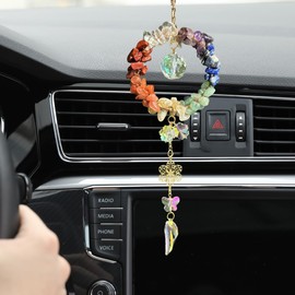 DUSCOKE Healing Crystal Stones Car Rear View Mirror Charm for Women - Handmade Bling Crystals Auto Mirror Hanging Accessories - Lucky Auto Interior Decoration Pendant for Car Wall Window (Colorful)
