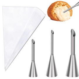 Pack of 3 Filling Nozzles for Baking & 50 Piping Bags Disposable Baking Syringe for Filling, for Filling Jams, Puff Pastry, Doughnuts, for Cupcake Puffs Filling Cream Jam