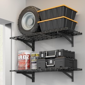 Jusgym 2 Pack Heavy Duty Garage Wall Shelving Set (1.5x4ft), Wall Mounted Garage Shelves 700lbs Capacity, 18"x48" Shelf Storage Rack Floating Shelves, Black