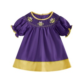 Toddler Baby Girl Dress College Football Game Day Outfit Puff Short Sleeve Smocked Bubble Dresses Playwear (Purple, 4-5 Years)
