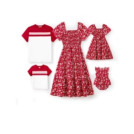 PATPAT Family Matching Outfits - Mommy and Me Dresses Matching Set Casual Boho Dusty Ruffle Sleeve Romper Dress for Newborn Red Floral for Baby Girl 12-18 Month