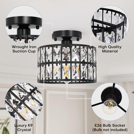 Modern Round Crystal Ceiling Light, 1-Light Flush Mount with Square Crystal Inserts & Black Metal Frame, 9 Inch, Elegant Lighting for Bathroom Hallway Entryway