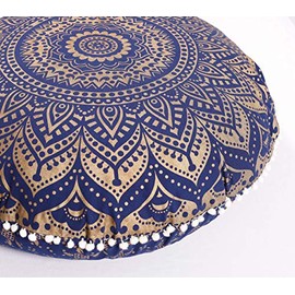 Large Round Mandala Hippie Floor Pillow Cover - Hippie Cushion Cover - Ombre Pouf Shams - Meditation Seating Ottoman Throw Cover Decorative Bohemian Pom Pom Floor Pillow Case- 18" Blue Gold