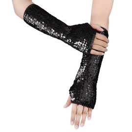 TINAYAUE Women Fashion Sequin Gloves Soft Sequin Cuffs Glitter Fingerless Gloves Elasticity Half Finger Gloves with Sequins for Role Play, Party, Opera Performance, black