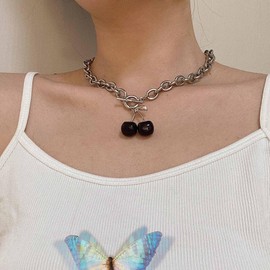 Inateannal Gothic Cherry Choker Necklace Black Cherry Pendant Necklace Silver Chain Toggle Clasp Necklace Chunky Cuban Chain Necklace Black Large Cherry Necklace, Zinc, No Gemstone