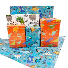 Dinosaur Wrapping Paper,Kids Birthday Wrapping Paper，6 Sheets for Boys Girls Baby Dinosaur Gift Wrapping Paper Rolls，Eco Kids Birthday Happy Gift Wrap Paper