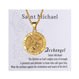 Flong Saint Michael Pendant Necklace: Catholic Archangel Medal Necklace Religious Amulets Jewelry Gifts for Men Women With Card Gold