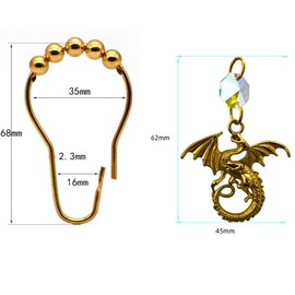 Dragon Shower Curtain Hooks for Bathroom, Rustproof Metal Gold Shower Curtain Rings Set of 12 with Fantastic Animal Dragons Gothic Medieval Fantasy Theme Bathroom Decor (Gold)