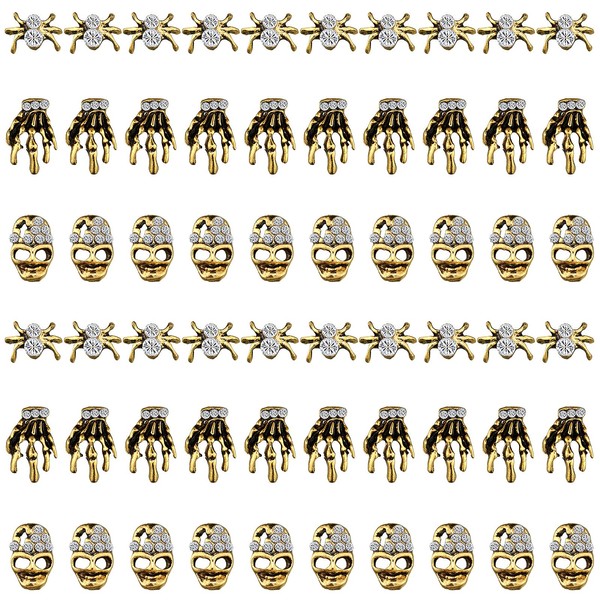 60 Pieces Skull Nail Charms Spider Skull 3D Spider with Rhinestones Vintage Alloy Skeleton Hand Nail Art Jewelry Decor Nail Art Glitters for Nail Tip Cellphone Decoration (Antique Gold)