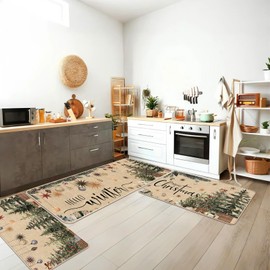 Drydiet 3 Pcs Christmas Kitchen Rug Beige Merry Christmas Kitchen Mats for Floor Non Slip Xmas Tree Floor Mat Waterproof Farmhouse Winter Doormat Neutral Xmas Decor for Home Office Bathroom Party