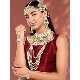 Aheli Indian Heavy Bridal Jewelry Set Long Choker Necklace Earrings Maang Tikka Nath Paasa Hath Phool Traditional Faux Kundan Beads Wedding Wear for Women (White)