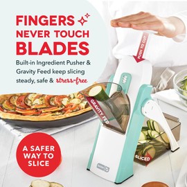 DASH Safe Slice® Cortador de Mandolina, Juliana y Dados para Verduras 30+ Ajustes de Corte y Grosor Contenedor y Cepillo Incluidos Color Aguamarina