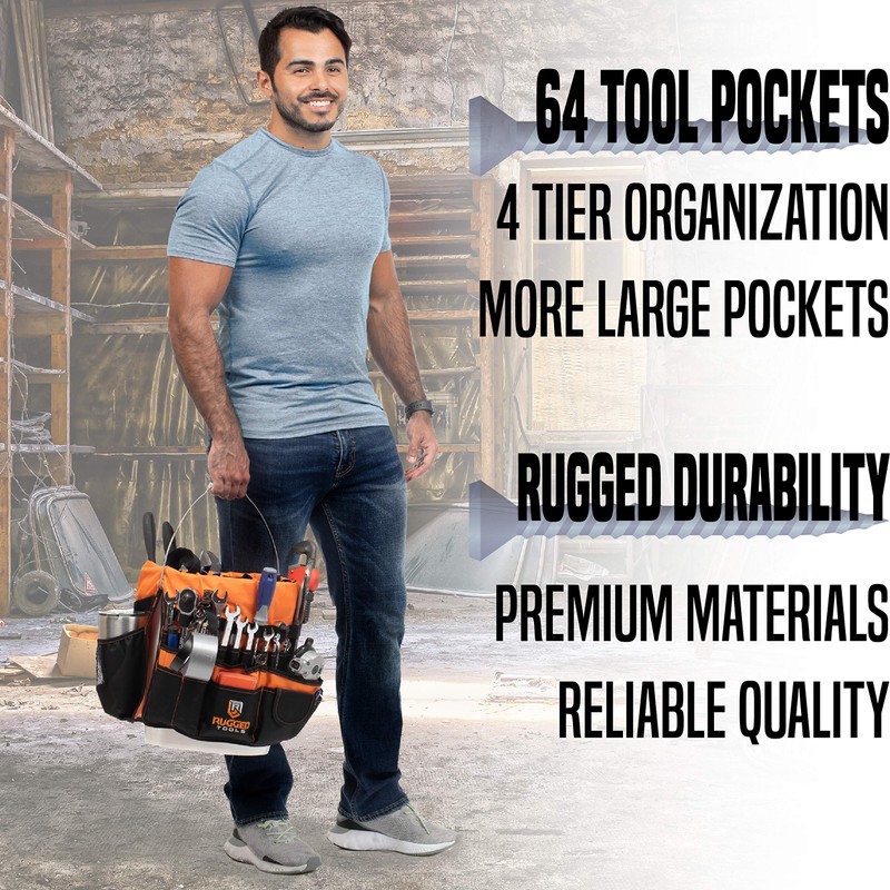 Rugged Tools Bucket Tool Organizer - 64 Pocket Bucket Caddy