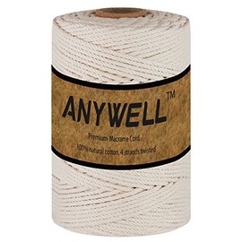 ANYWELL 3-6mm Macrame Cord 5mm x 109yards, Cotton Cord, Macrame Rope, Corde Macramé, Not Dyed, Handmade Soft 4-Strand Twisted Cotton Rope, Wall Hanging, Plant Hanger, DIY Craft Making, Knitting