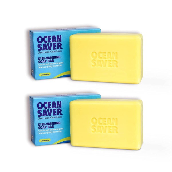 OceanSaver Dish Washing Soap Bar, Plastic Free Alternative to Washing Up Liquid, Pack of 2 Lemon Scented Dishwashing Bars, Tough on Dirt Soft on Hands - 2 x Natural Soap Bars