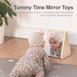 KRAND Baby Double-Sided Tummy Time Mirror w/ 2 Package High Contrast Visual Stimulation Cards, Sensory Activity Montessori Toys for 0-18+ Months Boys Girls