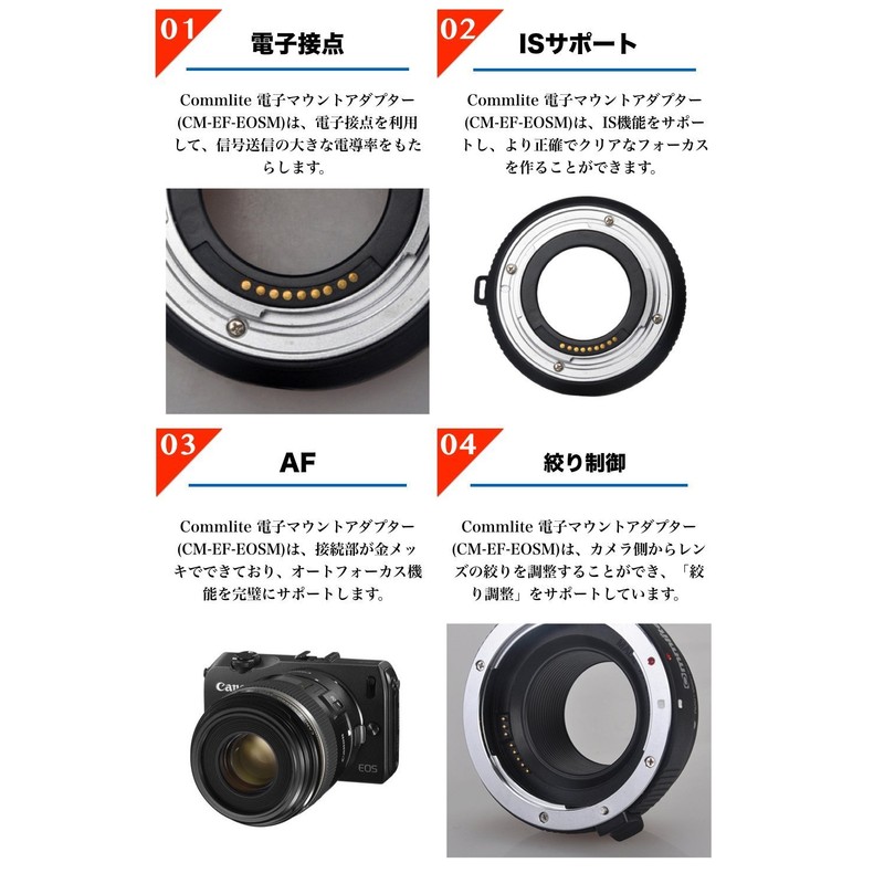 Commlite レンズマウントアダプター CM-EF-EOSM (キャノンEFマウントレンズ → キャノンEF-Mマウント変換) 電子接点付き