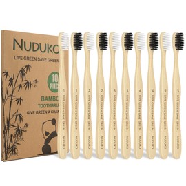 NUDUKO Toothbrush 10 Pack Bamboo Toothbrushes - Eco-Friendly Natural Wooden Tooth Brush, BPA Free Organic Soft Bristle Toothbrush, Biodegradable Soft Toothbrushes for Adults