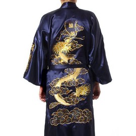 Bon amixyl Mens Silk Kimono Robe Mens Japanese Silk Dragon Bathrobe Chinese Kimono Robe Men Lightweight Open Front Long Cloak with Belt (Navy,XL)