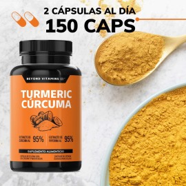 Turmeric Cúrcuma Con Extracto De Raíz De Cúrcuma Estandarizada Al 95% Y Pimienta Negra Al 95% - Curcumina - 95% De Curcuminoides - Suplemento Alimenticio - Antioxidantes Golden Milk - 150 Cápsulas