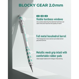 Nicpro Blocky Gear 2.0 mm Mechanical Pencils Set in Case, Metal Pencil with 6 Tubes 2mm Lead Refill (HB 2B 2H 4B 4H & Colors) Sharpeners, Eraser for Professional & Adult Art Writing Drafting Drawing