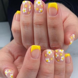 French Tip Press on Nails Short Square Fake Nails with Flower Designs Yellow Nails Press ons Glossy Glue on Nails Spring Acrylic Nails Nude False Nails Cute Stick on Nails for Women 24Pcs