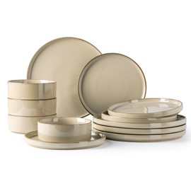 GBHOME GBHOME Ceramic Dinnerware Sets for 4, 12 Pieces Stoneware Plates and Bowls Sets, Reactive Glaze Dishes -Scratch Resistant, Dishwasher&Microwave Safe-Warm Sand