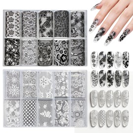 20 Rolls Black White Lace Foil for Nails Lace Nail Foil Transfer Sheets Flower Nail Decals for Nail Art Nail Foils Transfer Nail Art Nail Stickers Nail Transfer Foil(Style B+E)