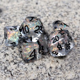 Haxtec Clear DND Dice Set 7 Pieces Filled Resin Polyhedral D&D Dice W/Iridescent Rainbow Mylar Inclusion for Roleplaying Games Dungeons and Dragons Gift