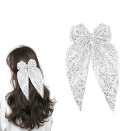 Silver Sparkly Bow Hair Clips for Girls Women Large Glitter Long Tail Bowknot Hairclip Barrettes Ribbon for Thin Long Fine Thick Hair Bow Hairpin for Kids Teens Headdress Decor Accessories