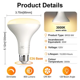 TJOY BR30 LED Light Flood Bulb, 65 Watt Equivalent, Energy Efficient 9W, E26 Standard Base,3000K, Dimmable, 15000 Hour Lifetime, for Ceiling, Recessed Can, Living Room and Kitchen, 6-Pack