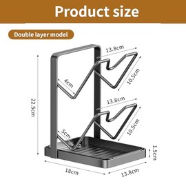 Pot Lid Organiser, 2-Tier Storage Stand with Spoon Rest, Lid Holder for Kitchen Pot Lid, Grey, 22.5 x 18 x 13.8 cm (Grey)