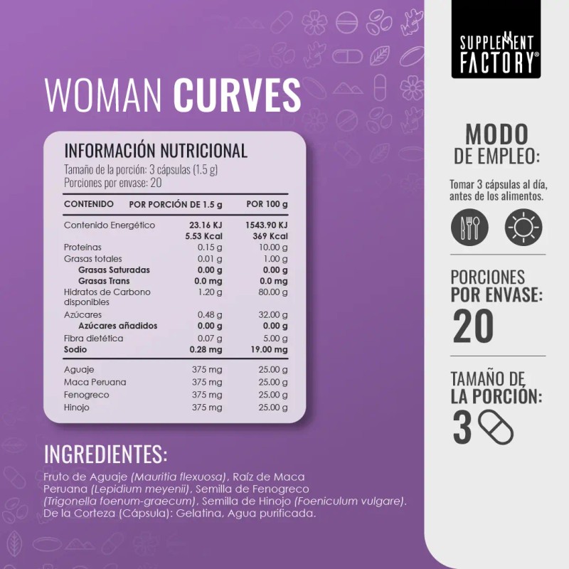 Supplement Factory Woman Curves Mejora Aumenta Busto Glúteos Cápsulas Ingredientes