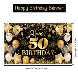 Happy 50th Birthday Banner Black Gold Birthday Party Decorations Backdrop, Birthday Decorations for Men and Women 50th Backdrop Banner Background Photo Booth Sign, 180×110cm