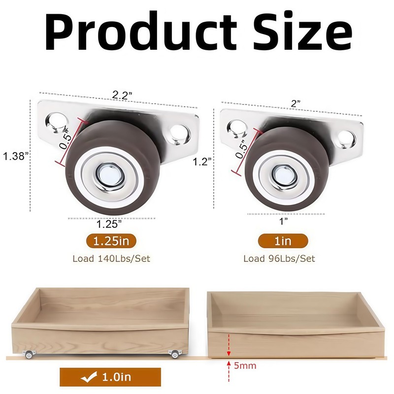 1Inch 8Pcs Mini Low Profile Casters,Attach Screws Small Side Mount