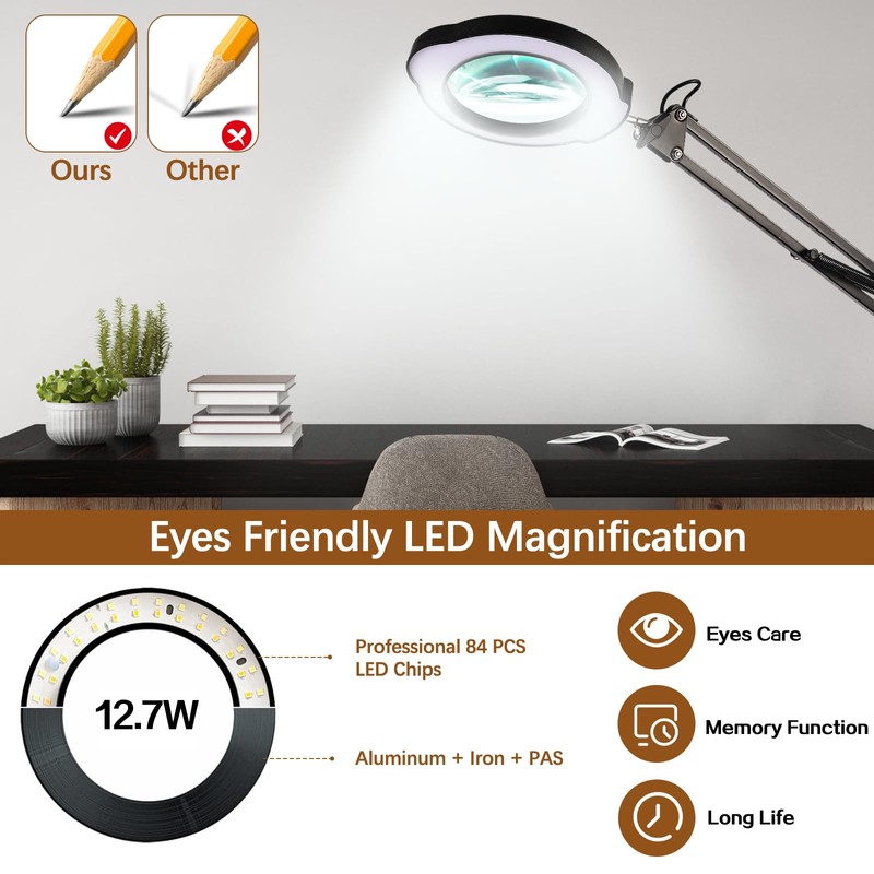 VUEJIC 12X Magnifying Glass with Light and Clamp, Magnifier with