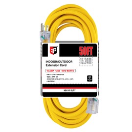 EP 50 ft Lighted Outdoor Extension Cord - 12/3 SJTW Heavy Duty Yellow Extension Cable with 3 Prong Grounded Plug - 15AMP Power Cord for Lawn, Garden, Appliances