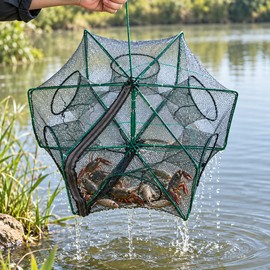 6 Hole Folding Fishing Trap Net 40CM 50CM 60CM – Portable Mesh Cage for Crab, Crayfish, Shrimp and Small Fish