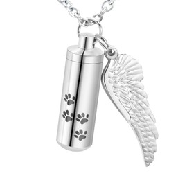 Memorial Pendant Hand Memorial Pendant Cremation Urn Necklace Keychain Stainless Steel Detachable Angel Wing Pendant Dog Feet with Capsule, Stainless Steel