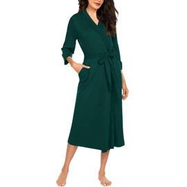Ekouaer Dressing Gown for Women 3/4 Sleeve Kimono Casual Robe Sauna Gown Soft Lightweight Long Loungewear V-Neck Dressing Gown S-XXL, Lake Green, L